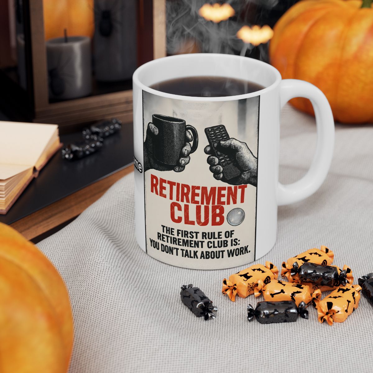 Retirement Club Coffee Mug with Halloween Decor