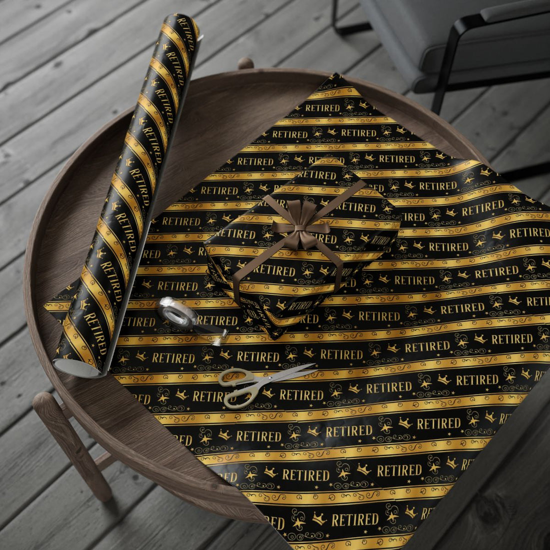 Retired themed gift wrapping paper with gold accents