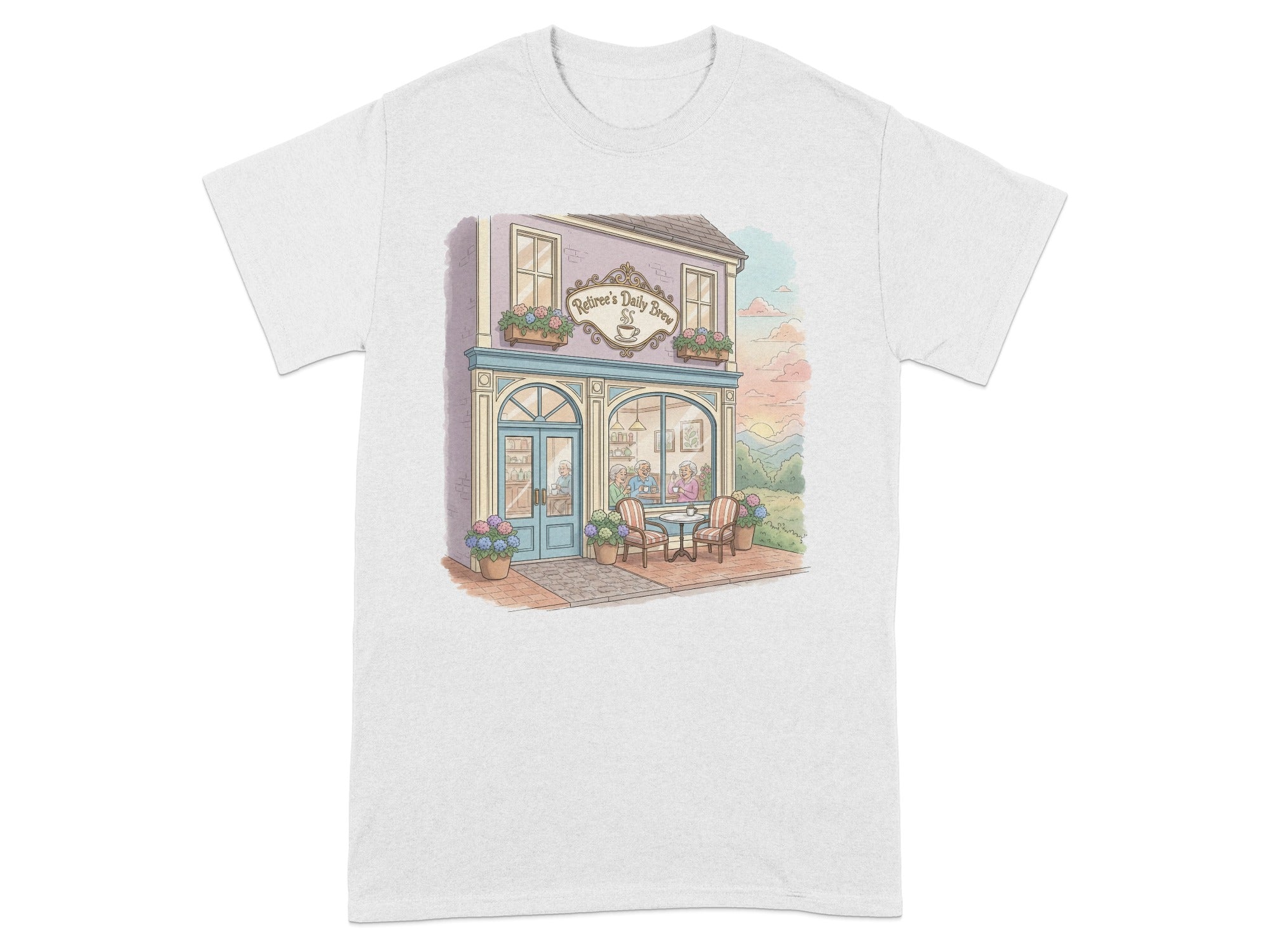Illustrated Cottage Cafe Scene Short Sleeve T-Shirt