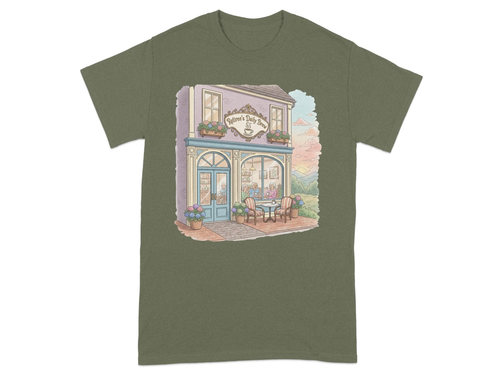 Serene bakery illustration on olive green shirt