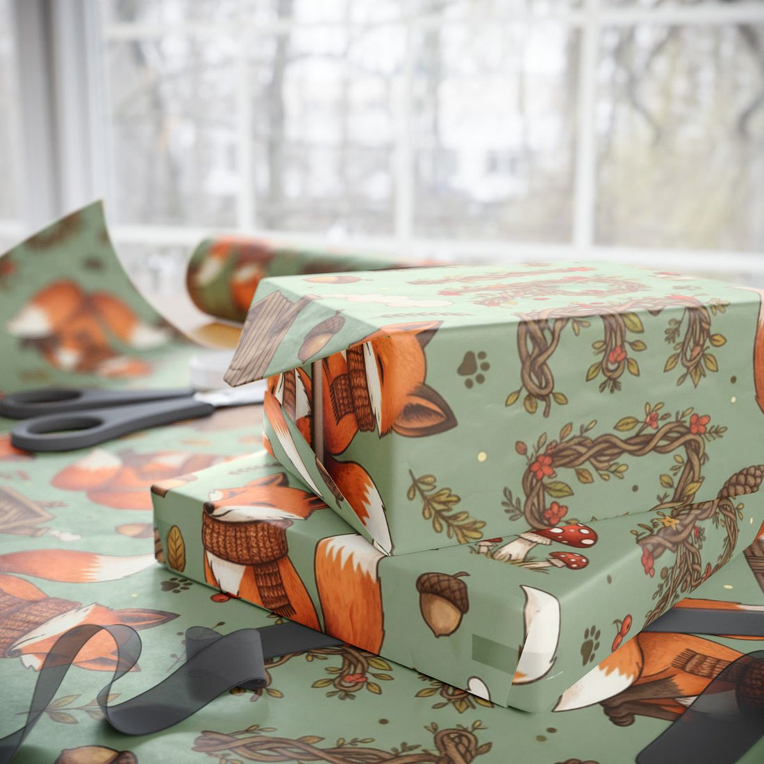 Whimsical Forest Foxes and Cabins Wrapping Paper Product