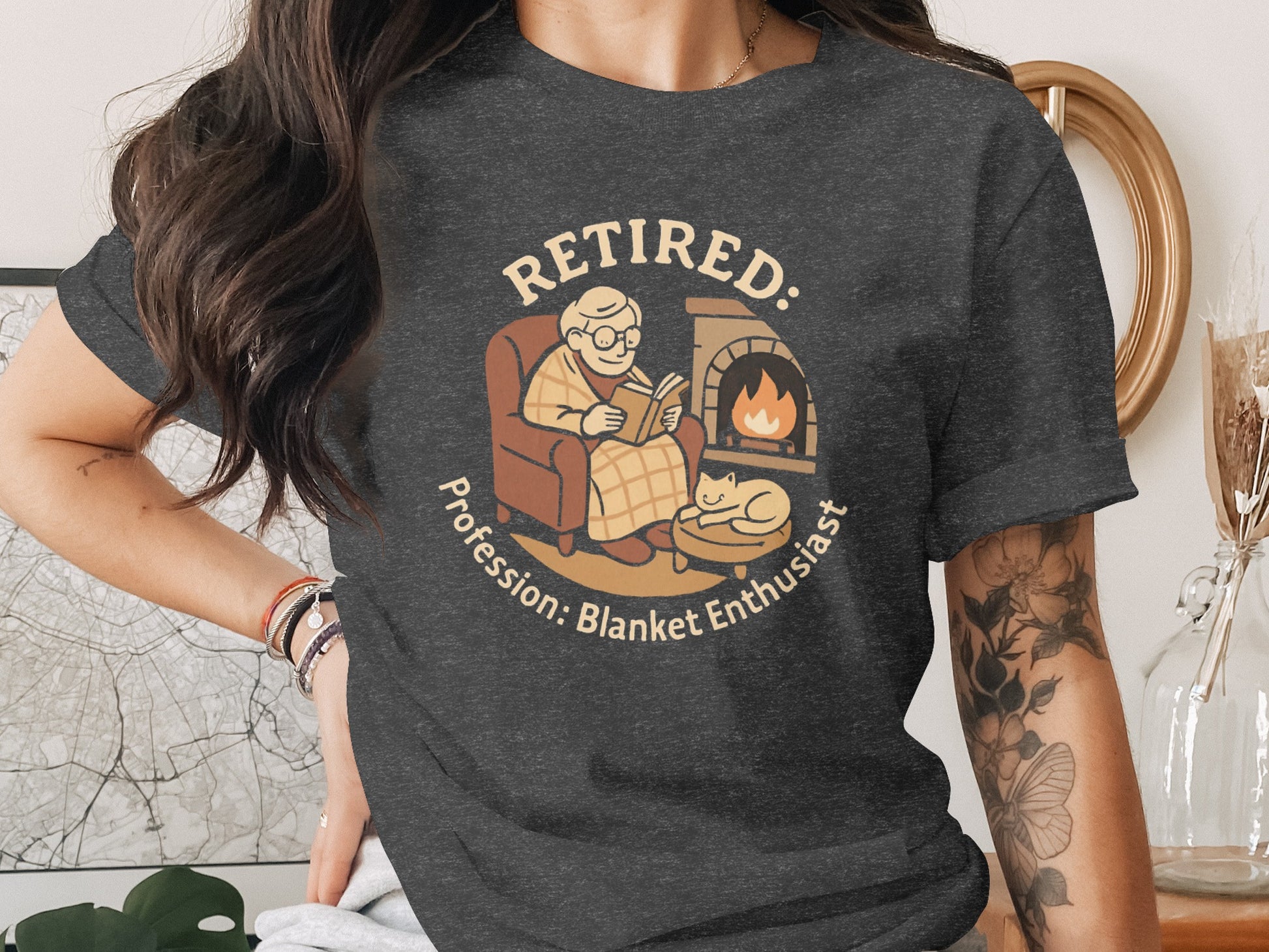 Retired: Profession: Blanket Enthusiast | Cozy Graphic | Dark Heaterh Color Bella T-Shirts - Retiree Gifts Retirement Party