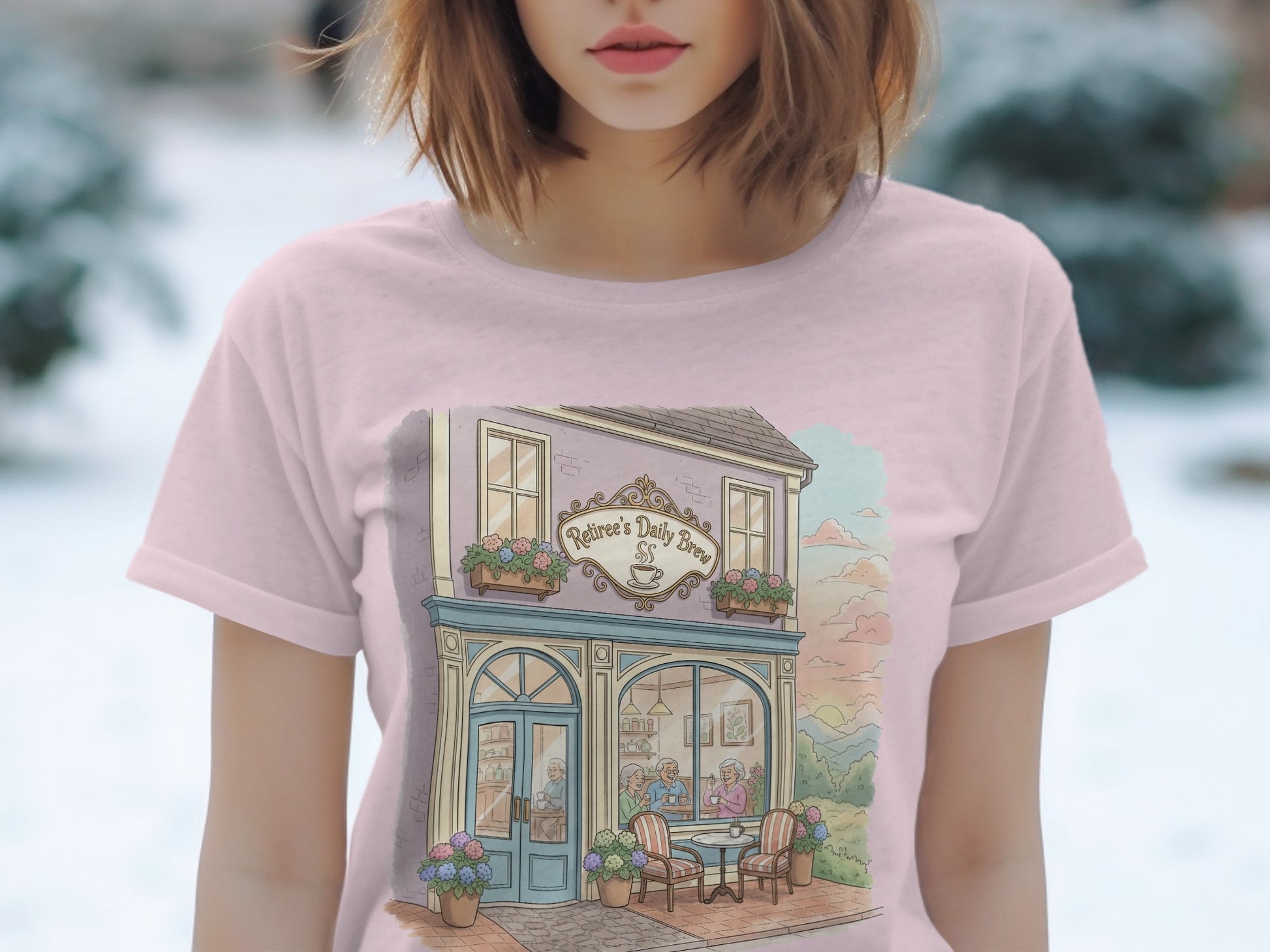 Whimsical Café Illustration Pink Short Sleeve Tee