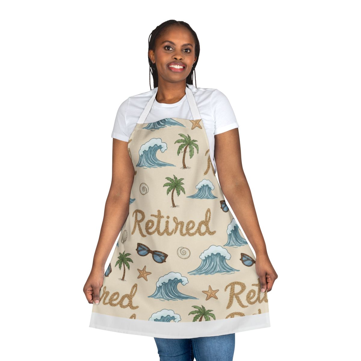 Retired Beach Theme Apron with Palm Trees and Waves