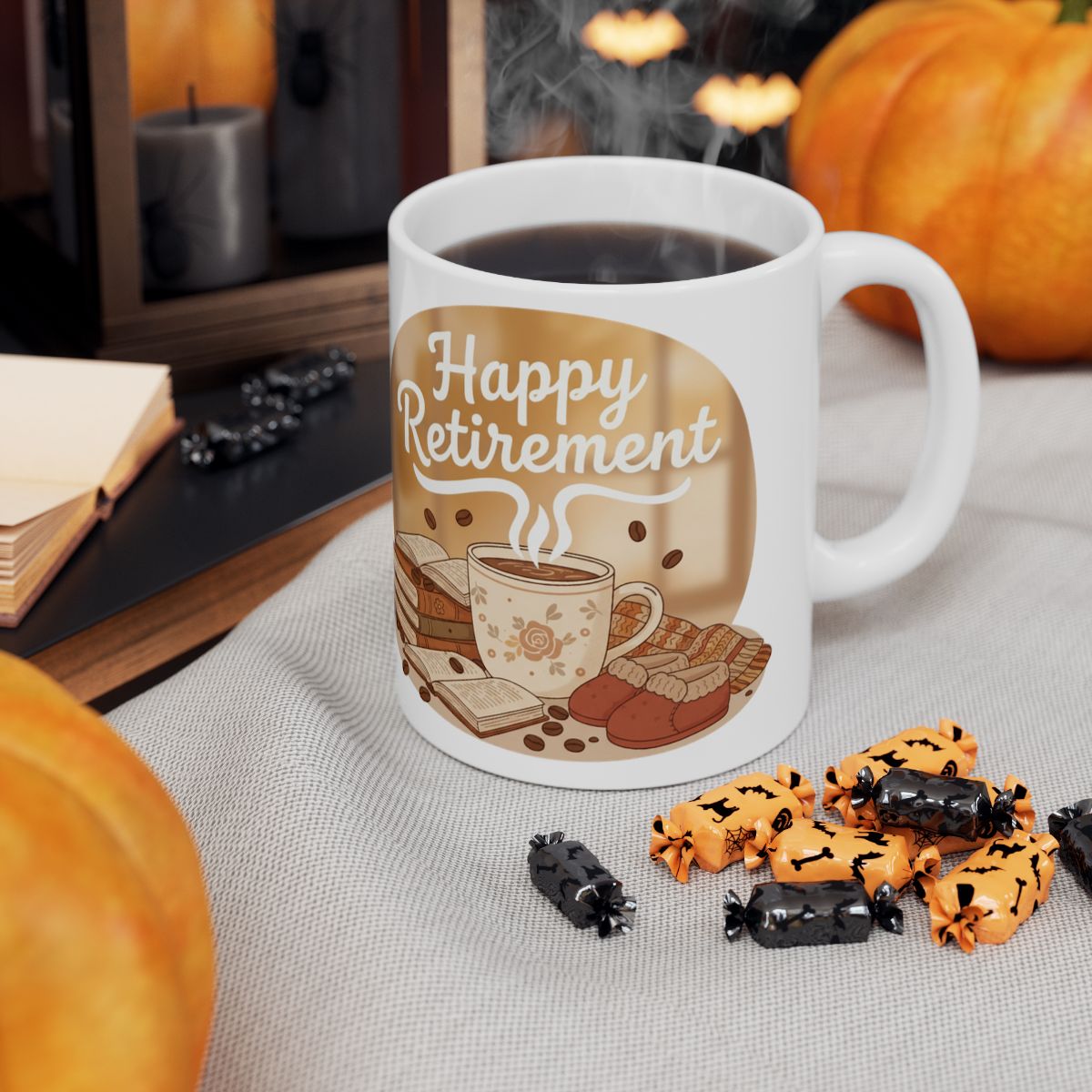 Happy Retirement Coffee Mug with Autumn Decorations