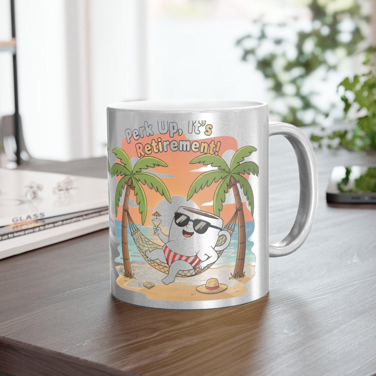 Perk Up It's Retirement Mug with Tropical Beach Design