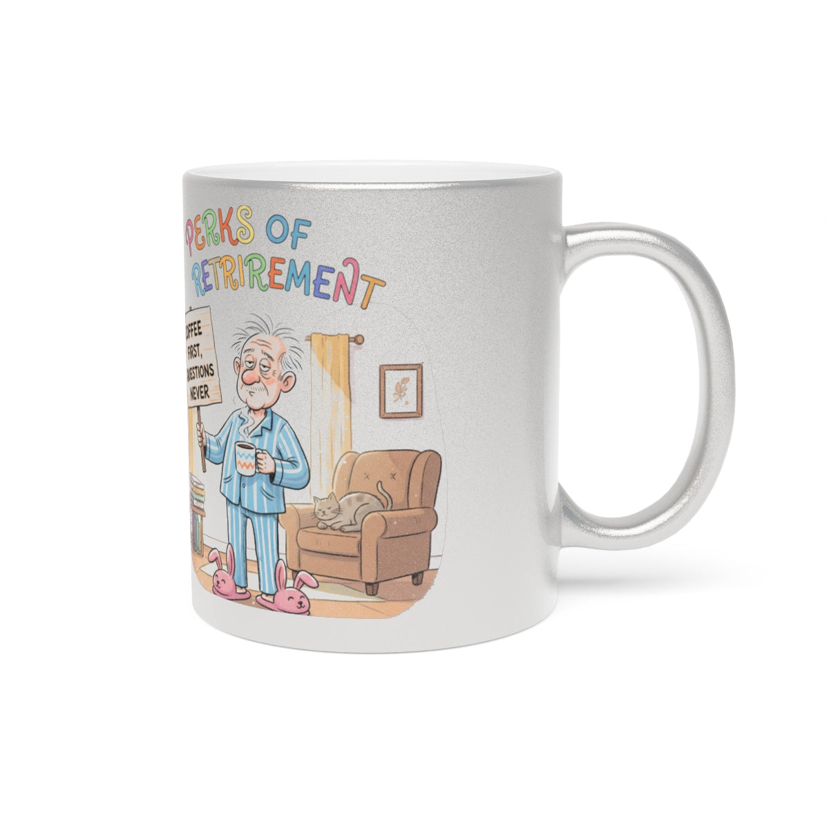 Funny Perks of Retirement Coffee Mug with Cartoon Image