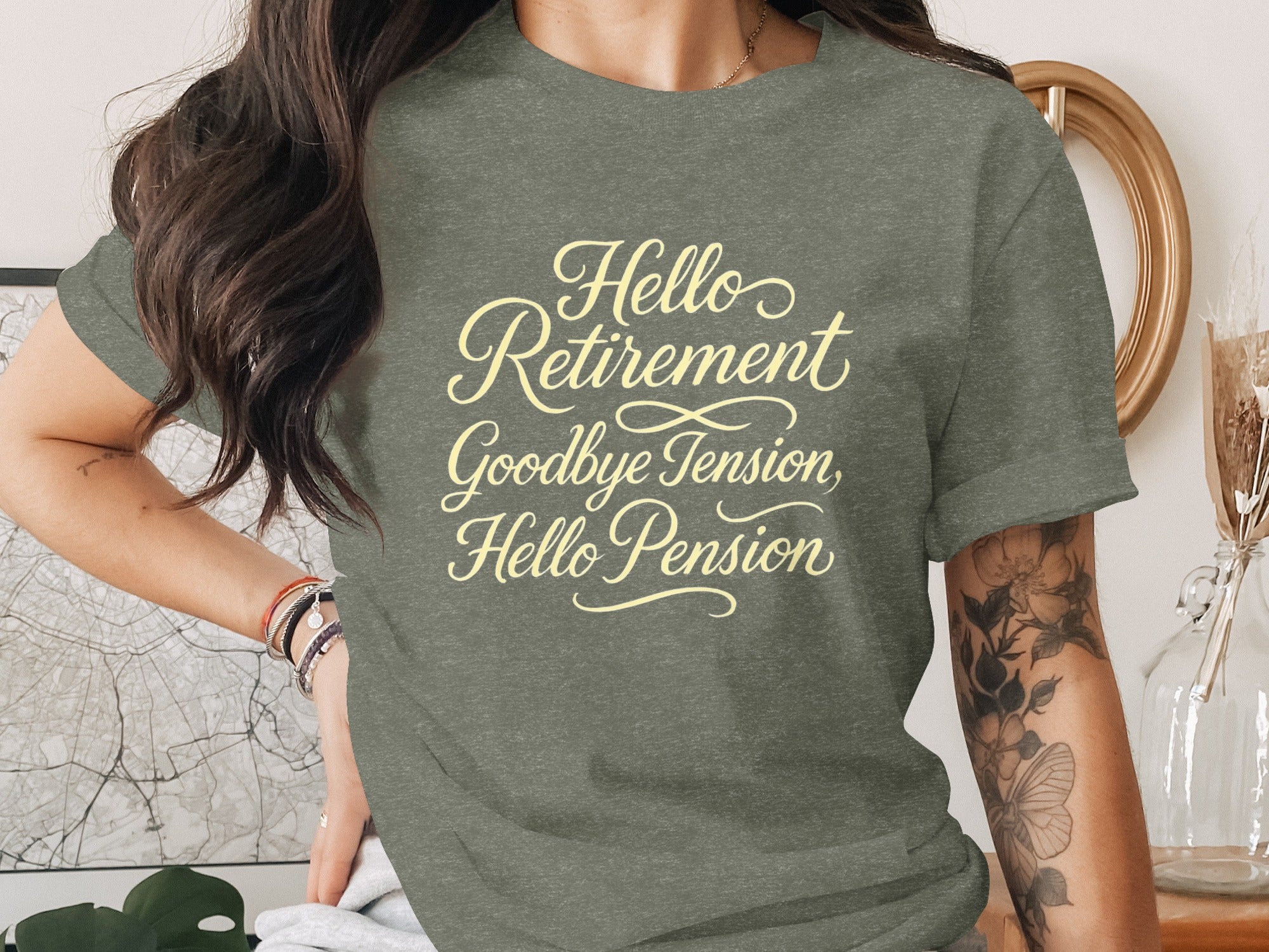 Hello Retirement Goodbye Tension Hello Pension | Dark Heaterh Color Bella T-Shirts - Retiree Gifts Retirement Party