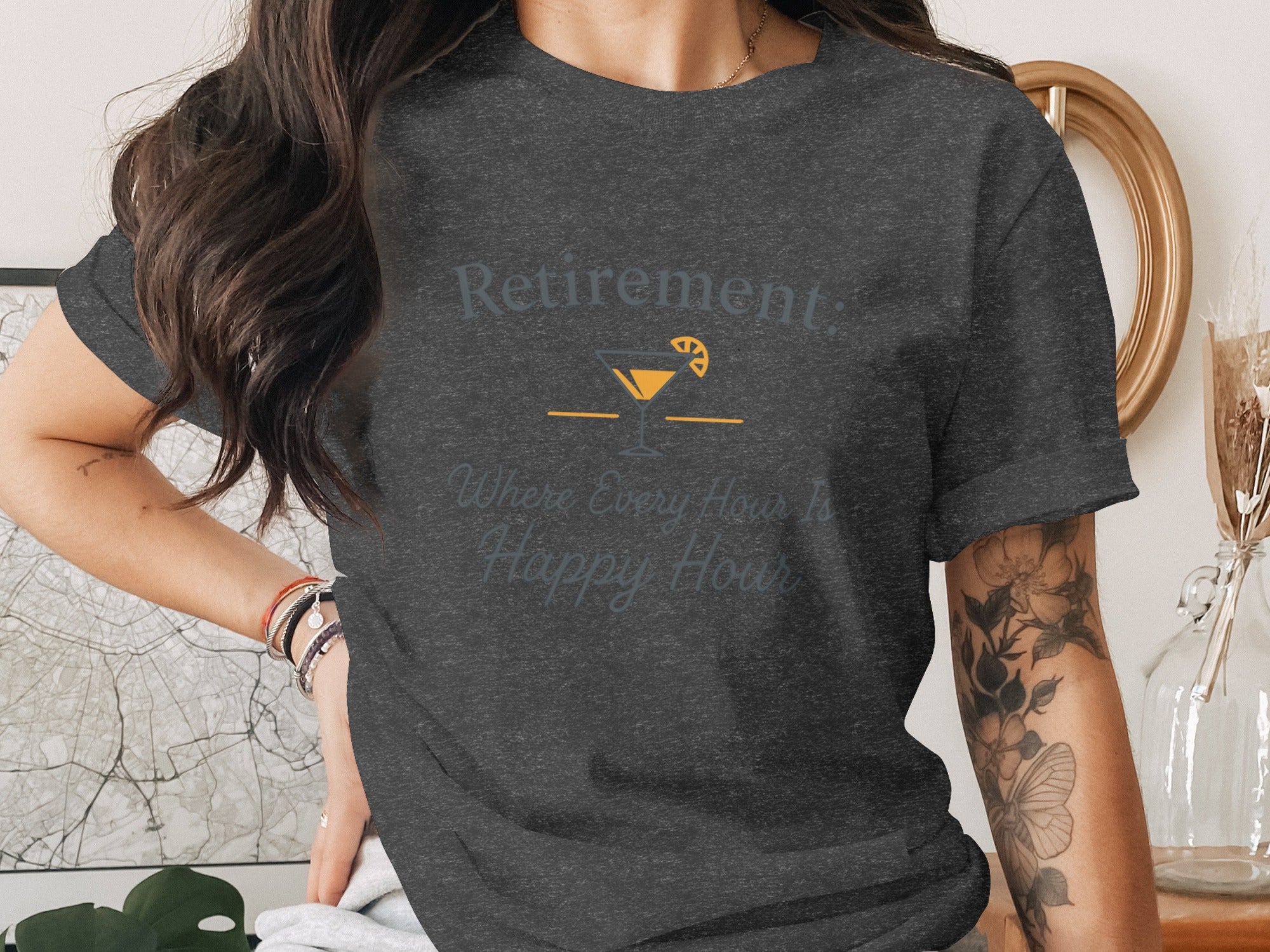 RETIREMENT: Where Every Hour Is Happy Hour Dark Heather Color Bella T-Shirts - Retiree Gifts Retirement Party