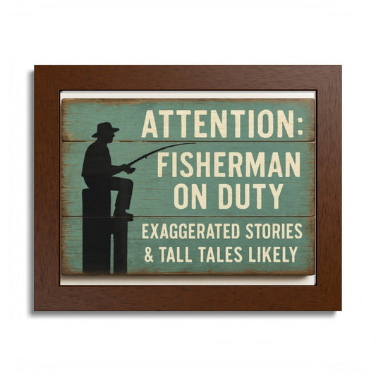 Attention Fisherman On Duty Sign Exaggerated Stories Framed Art Posters - Retiree Gifts Retirement Party