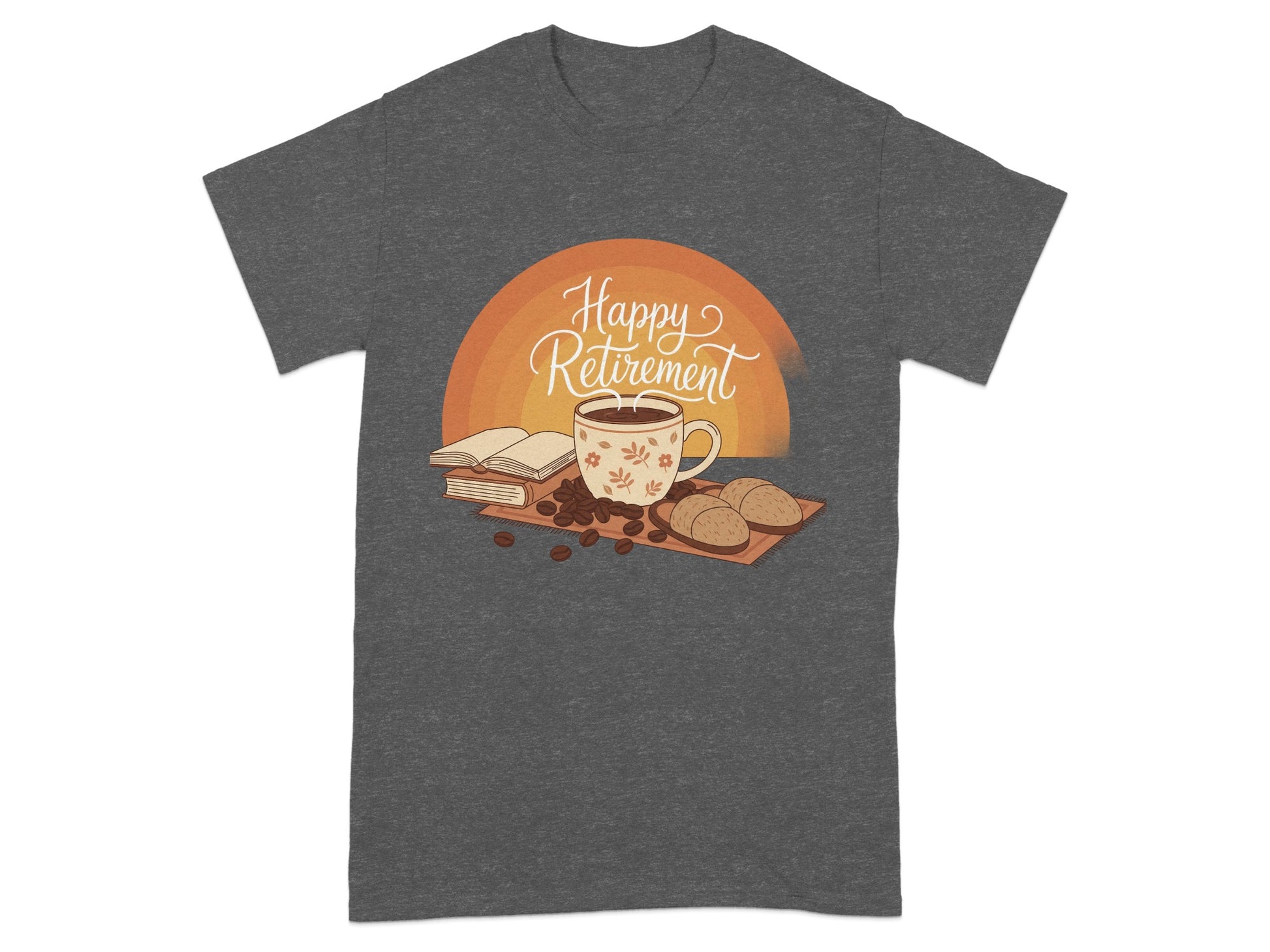 Happy Retirement Graphic Tee with Coffee and Books Design