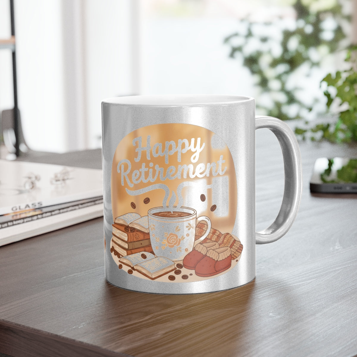 Happy Retirement Mug with Coffee and Books Design