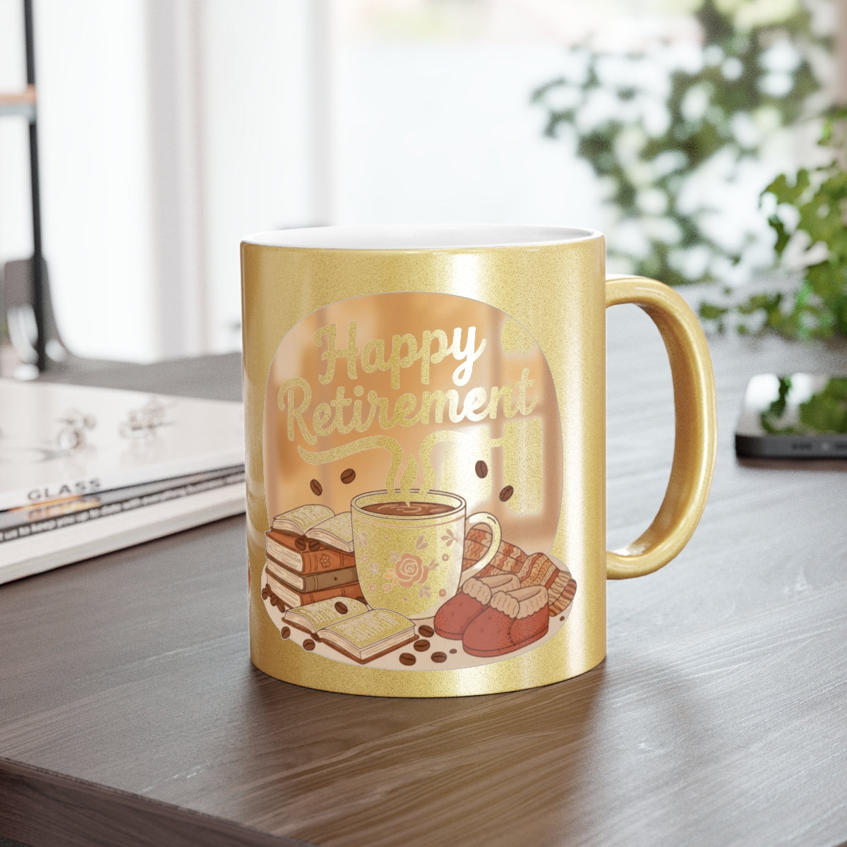 Happy Retirement Coffee Mug with Books and Sweets Design