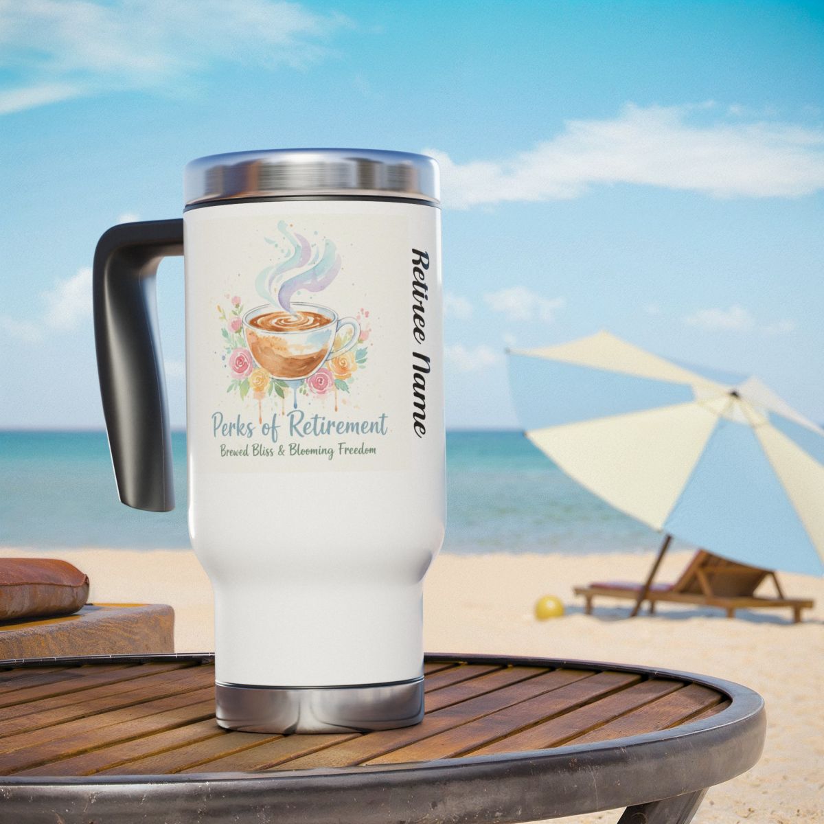 Personalized Perks of Retirement Travel Mug with Handle