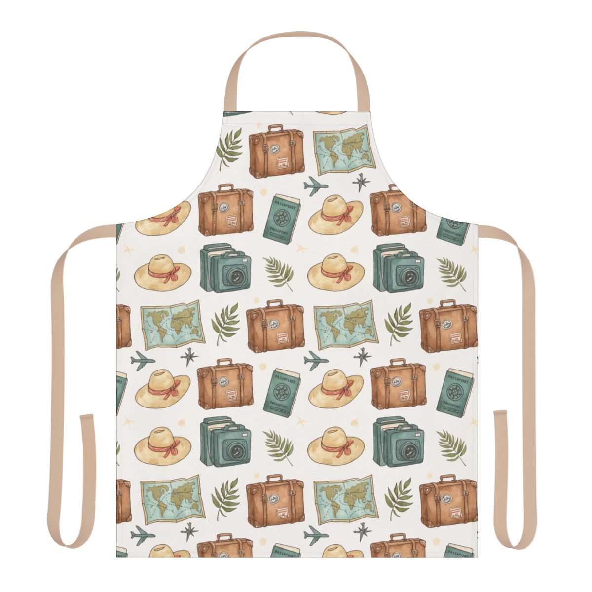 Vintage Travel-Themed Apron with Suitcases Maps Hat