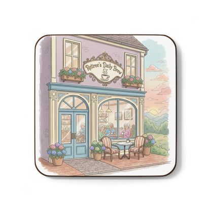 Retiree's Daily Brew Coaster Scenic Coffee Shop Illustration