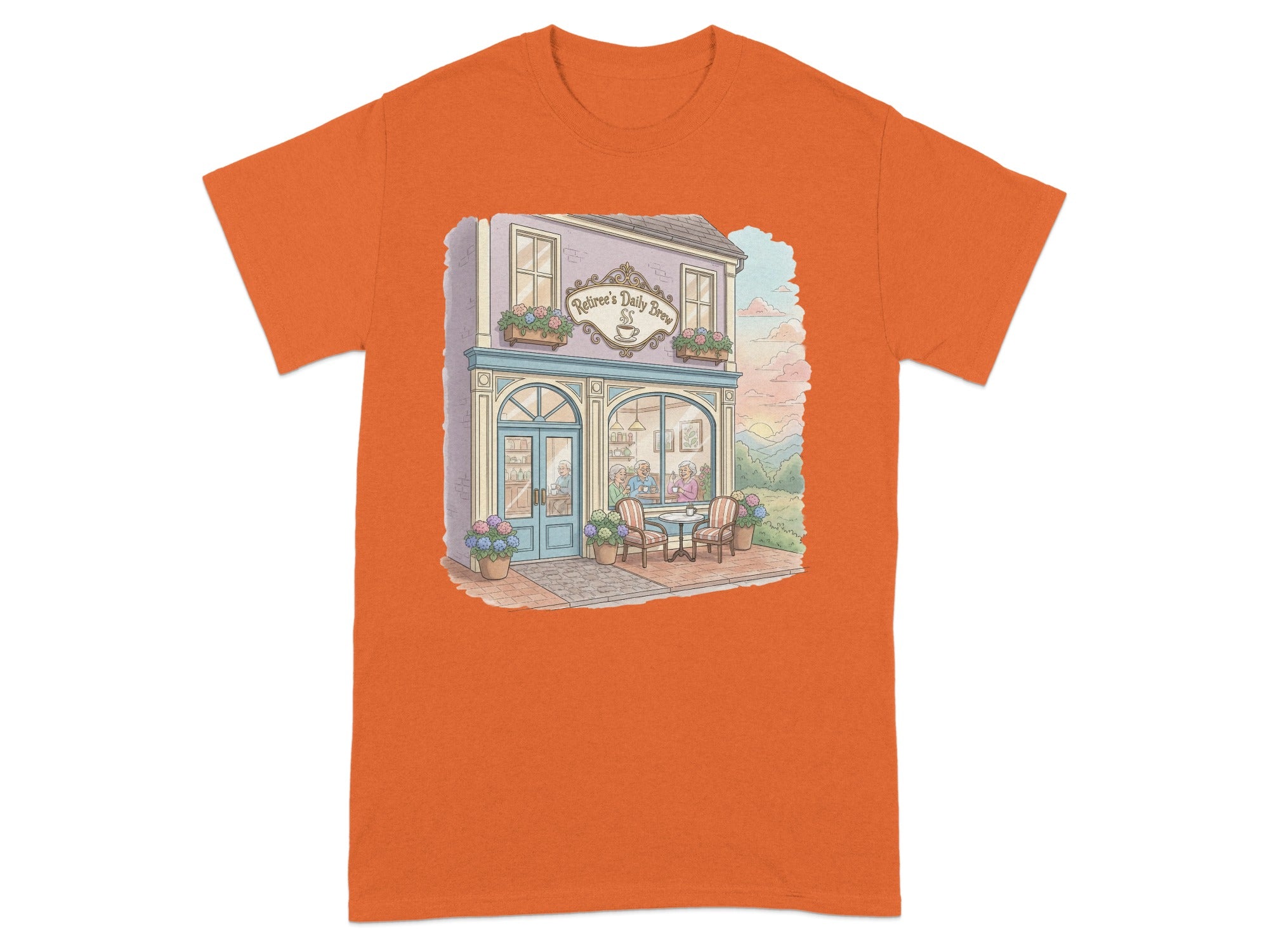 Vintage Cafe Illustration on Orange T-Shirt