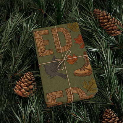 Forest Green Gift Wrap with Pinecones and Leaves Design