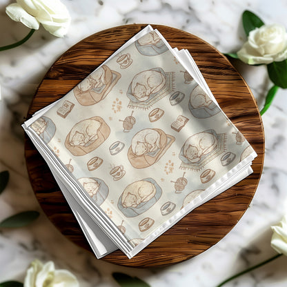 Adorable Sleeping Cats and Coffee Print Fabric Napkins