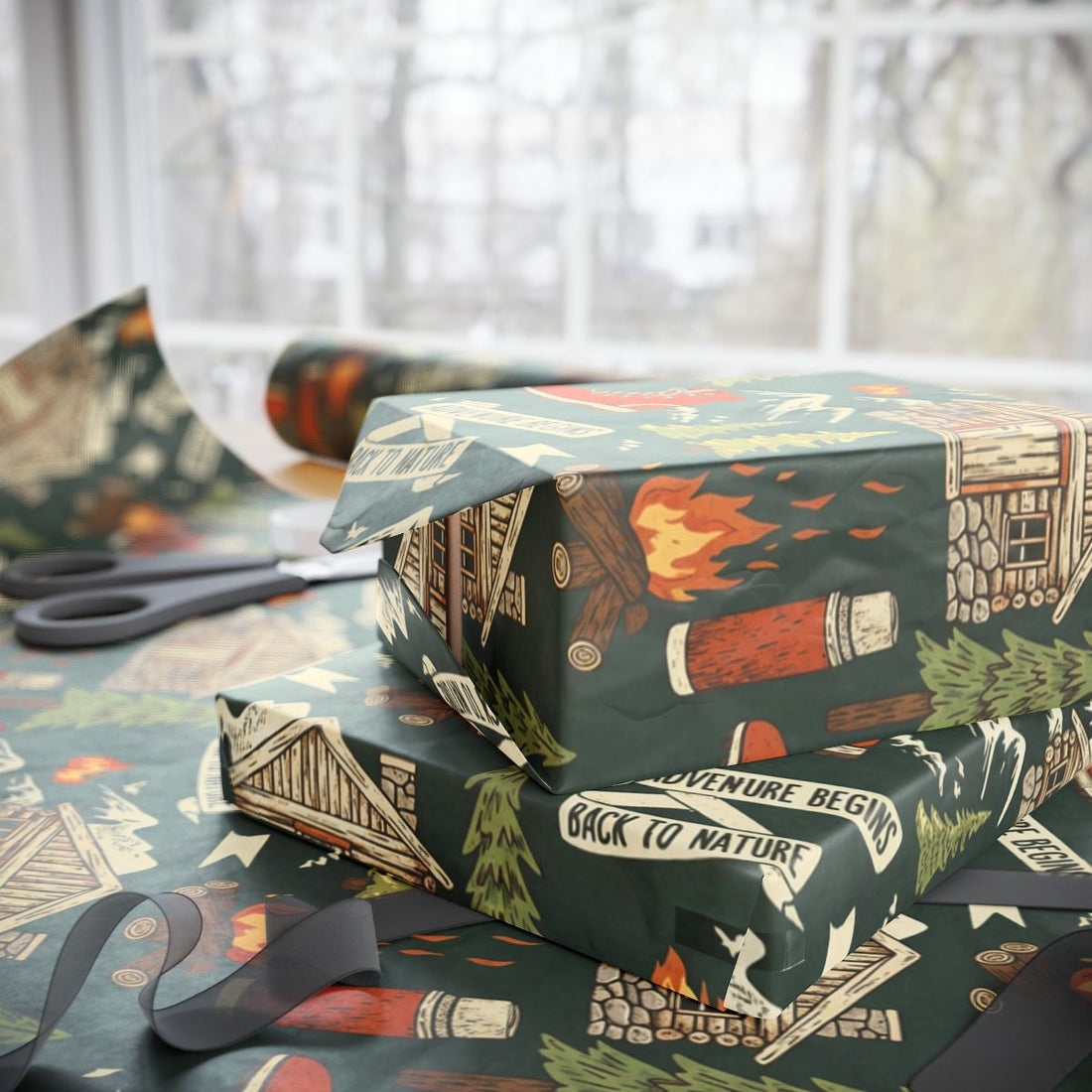 Cozy Cabin Campfire Wrapping with Festive Design